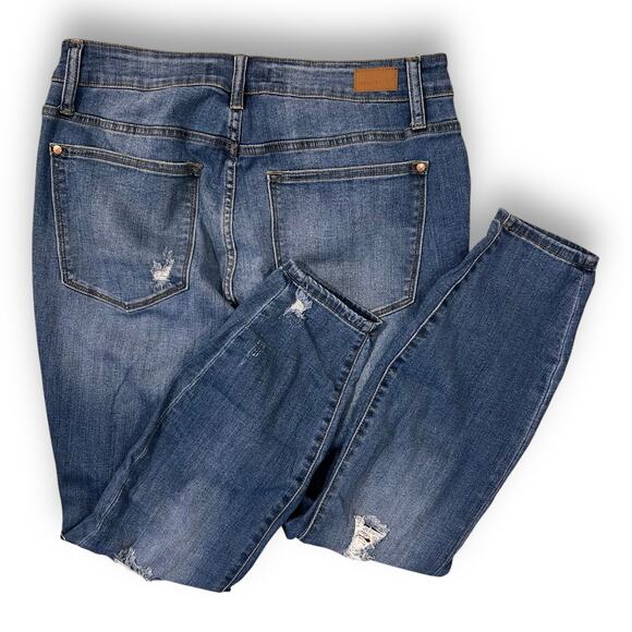 Judy Blue Dark Wash Distressed Plaid Lined Skinny Jeans Rustic Heritage 14W - Picture 5 of 10